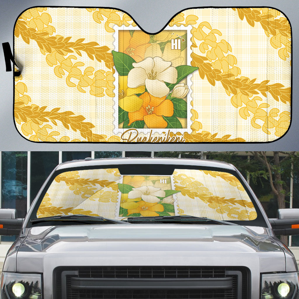 Aloha Hawaii Puakenikeni Auto Sun Shade Hawaiian Lei Palaka Motifs Stylized Stamp LT14 Yellow - Polynesian Pride