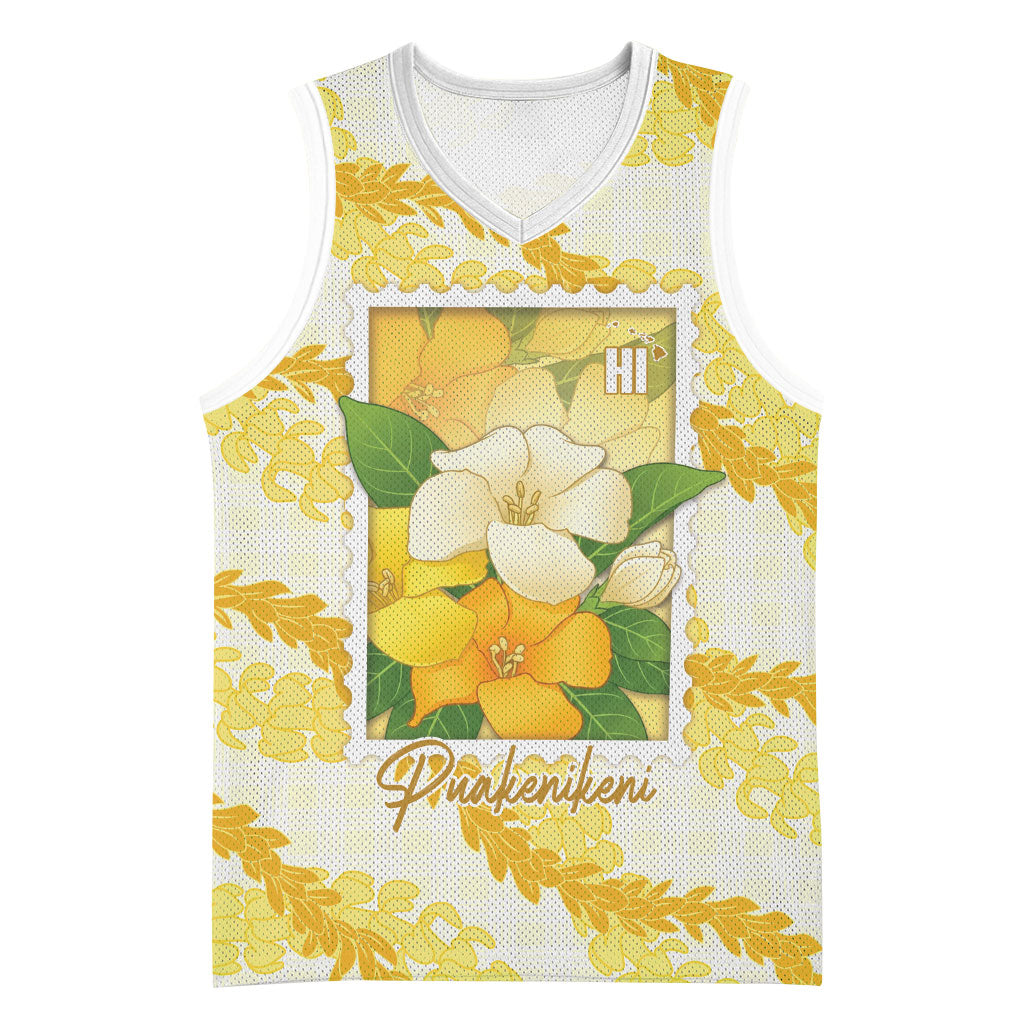 Aloha Hawaii Puakenikeni Basketball Jersey Hawaiian Lei Palaka Motifs Stylized Stamp LT14 Unisex Yellow - Polynesian Pride
