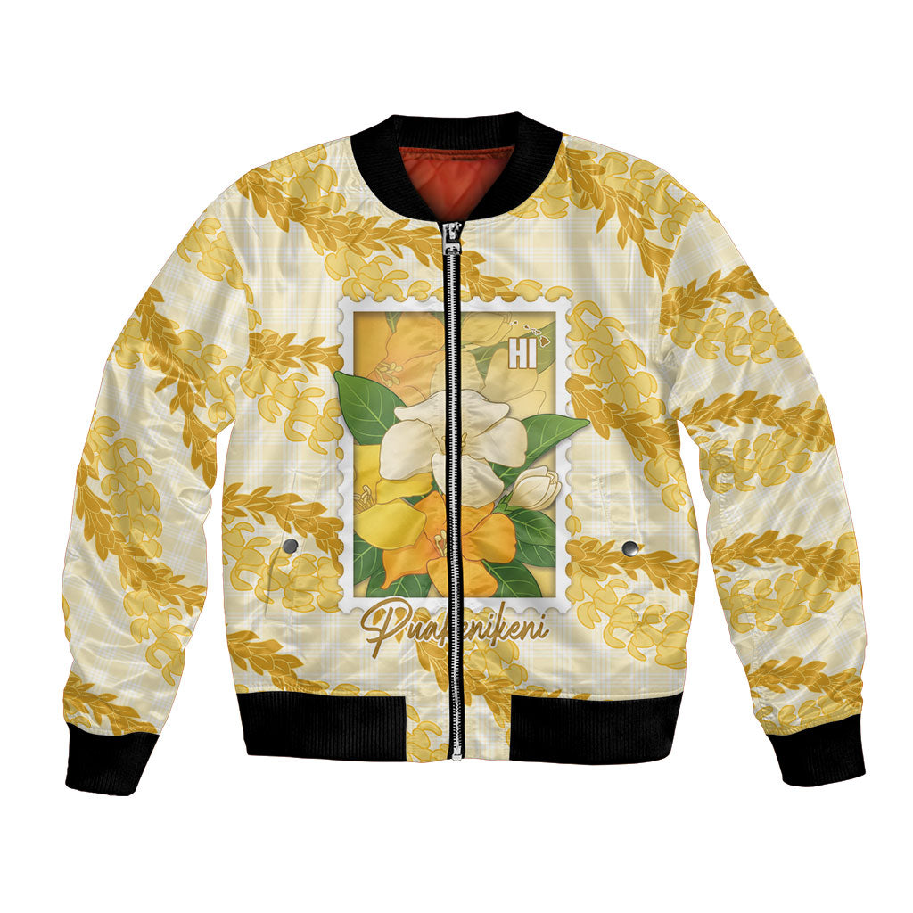 Aloha Hawaii Puakenikeni Bomber Jacket Hawaiian Lei Palaka Motifs Stylized Stamp