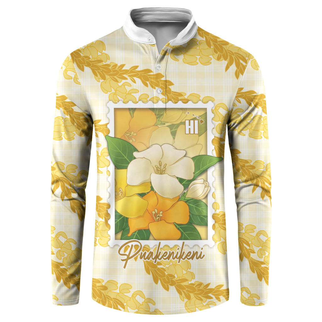 Aloha Hawaii Puakenikeni Button Sweatshirt Hawaiian Lei Palaka Motifs Stylized Stamp LT14 Yellow - Polynesian Pride