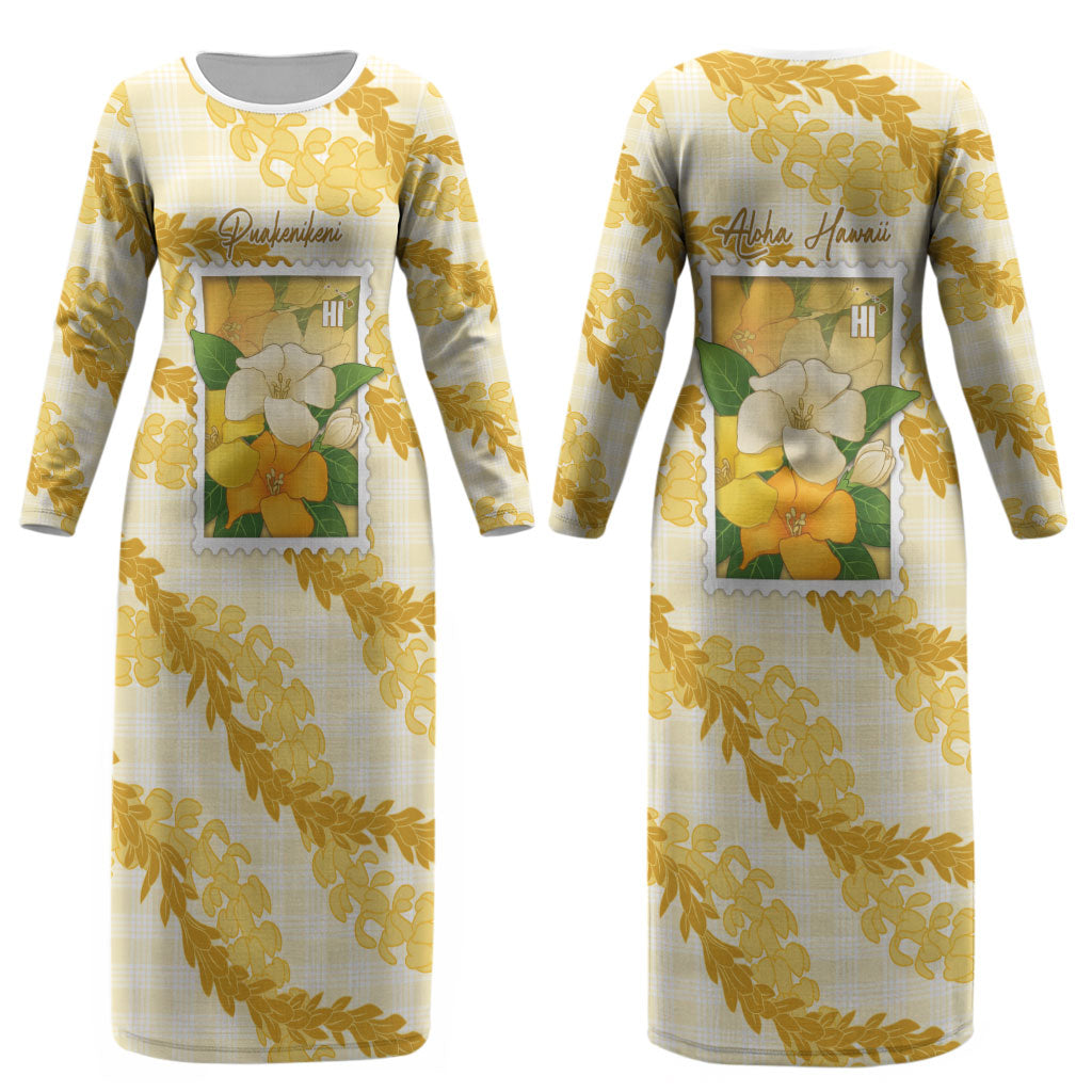 Aloha Hawaii Puakenikeni Couples Matching Long Sleeve Bodycon Dress and Hawaiian Shirt Hawaiian Lei Palaka Motifs Stylized Stamp LT14 - Polynesian Pride
