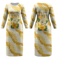 Aloha Hawaii Puakenikeni Couples Matching Long Sleeve Bodycon Dress and Hawaiian Shirt Hawaiian Lei Palaka Motifs Stylized Stamp LT14 - Polynesian Pride