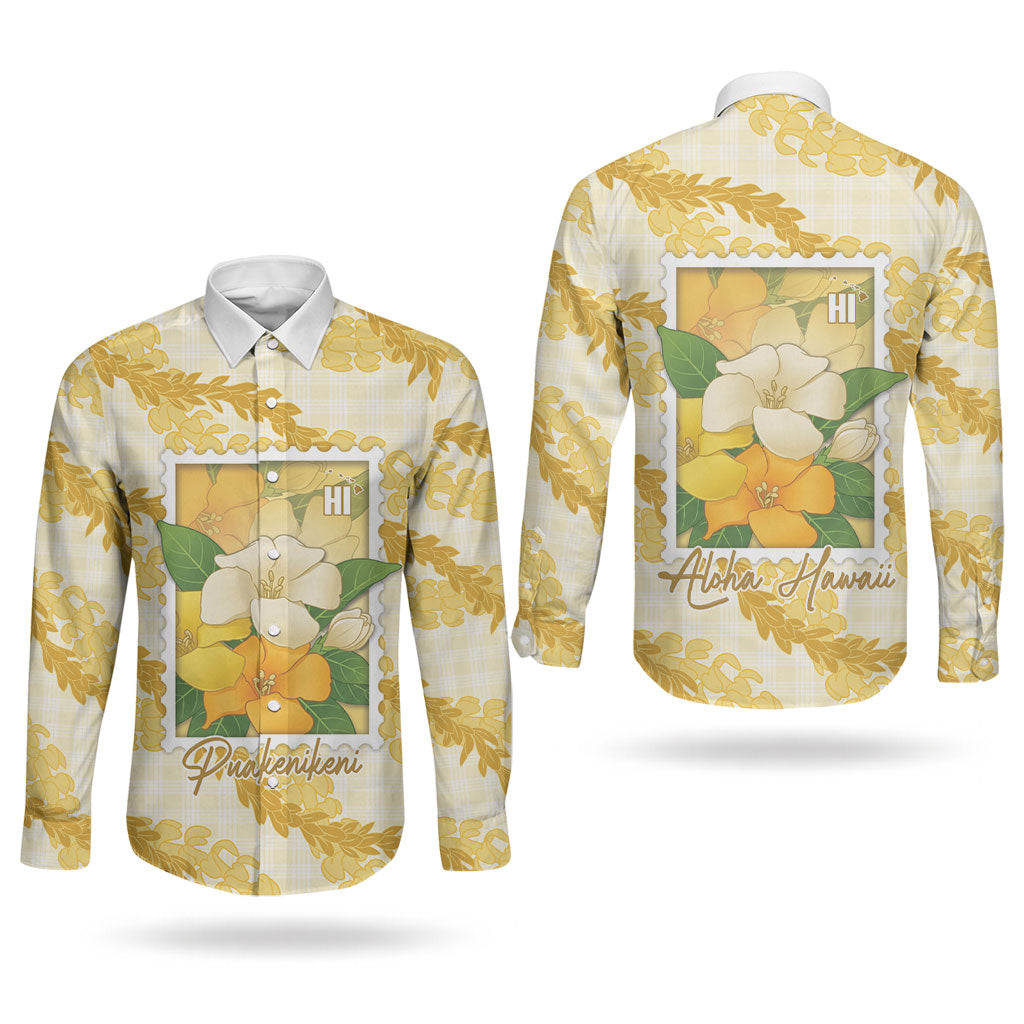 Aloha Hawaii Puakenikeni Couples Matching Long Sleeve Bodycon Dress and Long Sleeve Button Shirt Hawaiian Lei Palaka Motifs Stylized Stamp LT14 - Polynesian Pride