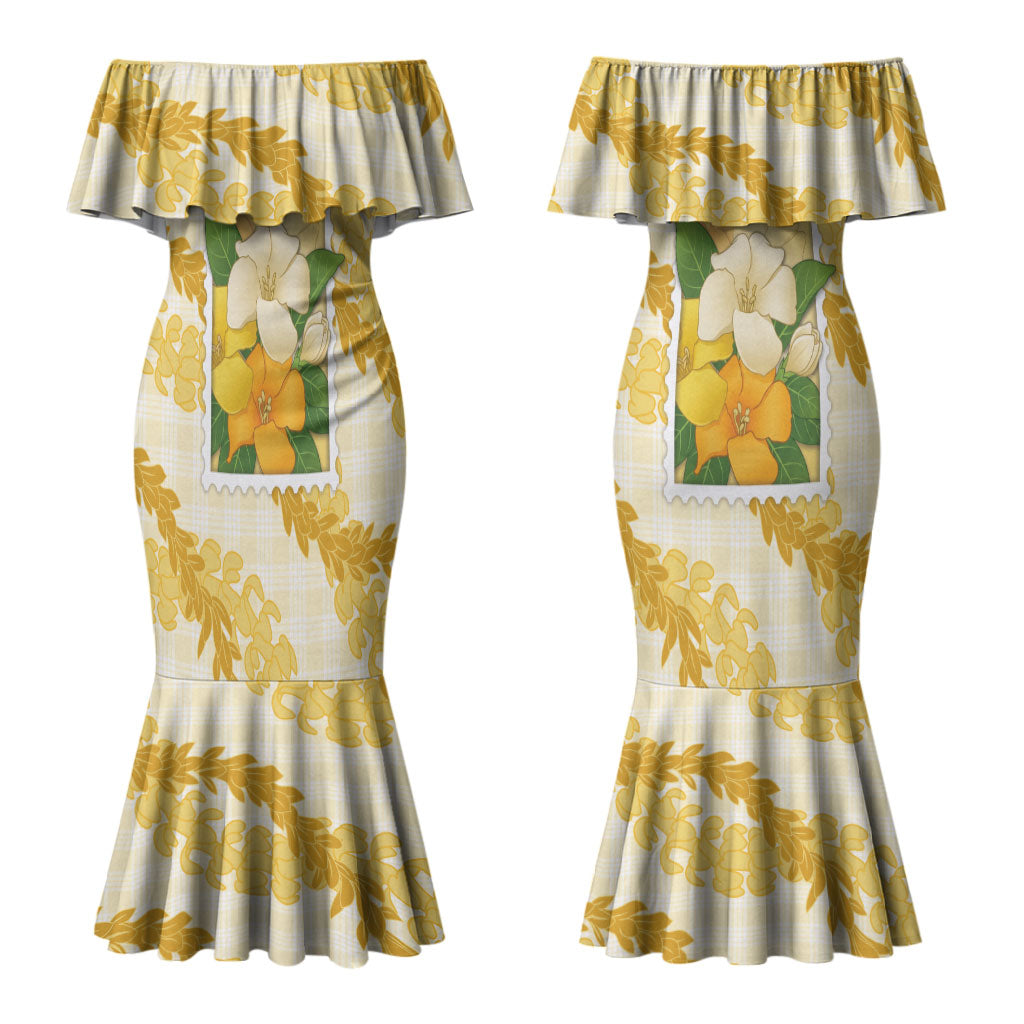Aloha Hawaii Puakenikeni Couples Matching Mermaid Dress and Hawaiian Shirt Hawaiian Lei Palaka Motifs Stylized Stamp LT14 - Polynesian Pride