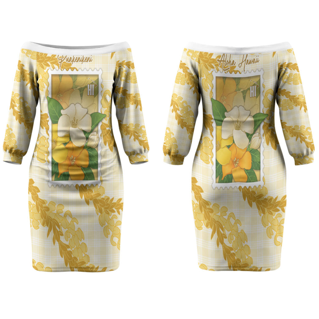 Aloha Hawaii Puakenikeni Couples Matching Off The Shoulder Long Sleeve Dress and Hawaiian Shirt Hawaiian Lei Palaka Motifs Stylized Stamp LT14 - Polynesian Pride