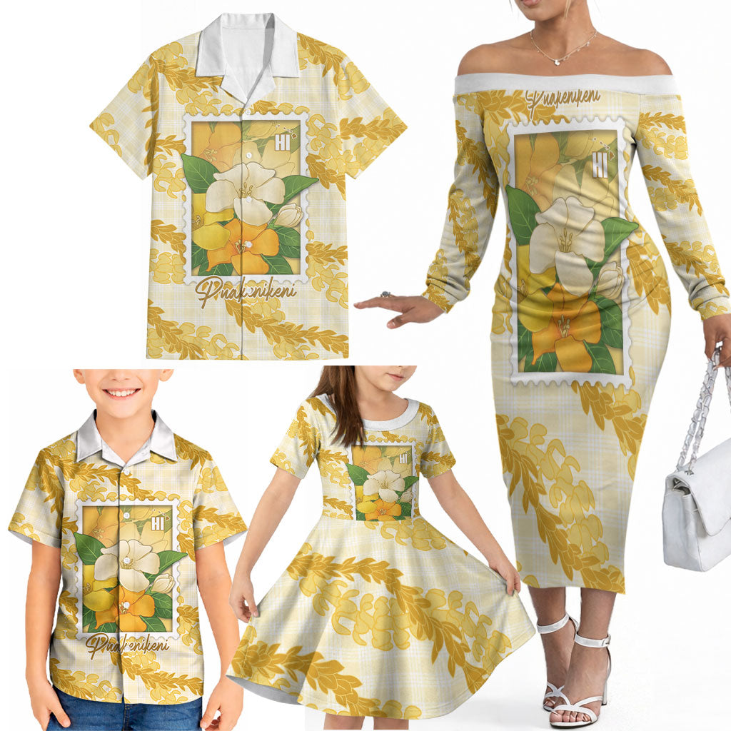 Aloha Hawaii Puakenikeni Family Matching Off The Shoulder Long Sleeve Dress and Hawaiian Shirt Hawaiian Lei Palaka Motifs Stylized Stamp LT14 - Polynesian Pride