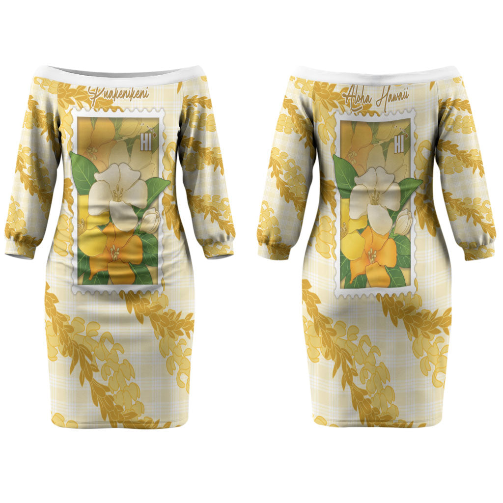 Aloha Hawaii Puakenikeni Family Matching Off The Shoulder Long Sleeve Dress and Hawaiian Shirt Hawaiian Lei Palaka Motifs Stylized Stamp LT14 Mom's Dress Yellow - Polynesian Pride
