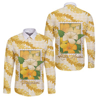 Aloha Hawaii Puakenikeni Family Matching Off The Shoulder Long Sleeve Dress and Hawaiian Shirt Hawaiian Lei Palaka Motifs Stylized Stamp LT14 Dad's Shirt - Long Sleeve Yellow - Polynesian Pride