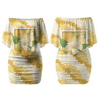 Aloha Hawaii Puakenikeni Family Matching Off Shoulder Short Dress and Hawaiian Shirt Hawaiian Lei Palaka Motifs Stylized Stamp LT14 Mom's Dress Yellow - Polynesian Pride