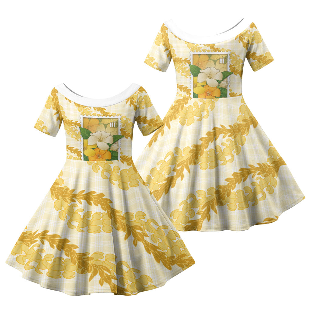 Aloha Hawaii Puakenikeni Family Matching Off Shoulder Short Dress and Hawaiian Shirt Hawaiian Lei Palaka Motifs Stylized Stamp LT14 Daughter's Dress Yellow - Polynesian Pride