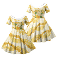 Aloha Hawaii Puakenikeni Family Matching Off Shoulder Short Dress and Hawaiian Shirt Hawaiian Lei Palaka Motifs Stylized Stamp LT14 Daughter's Dress Yellow - Polynesian Pride