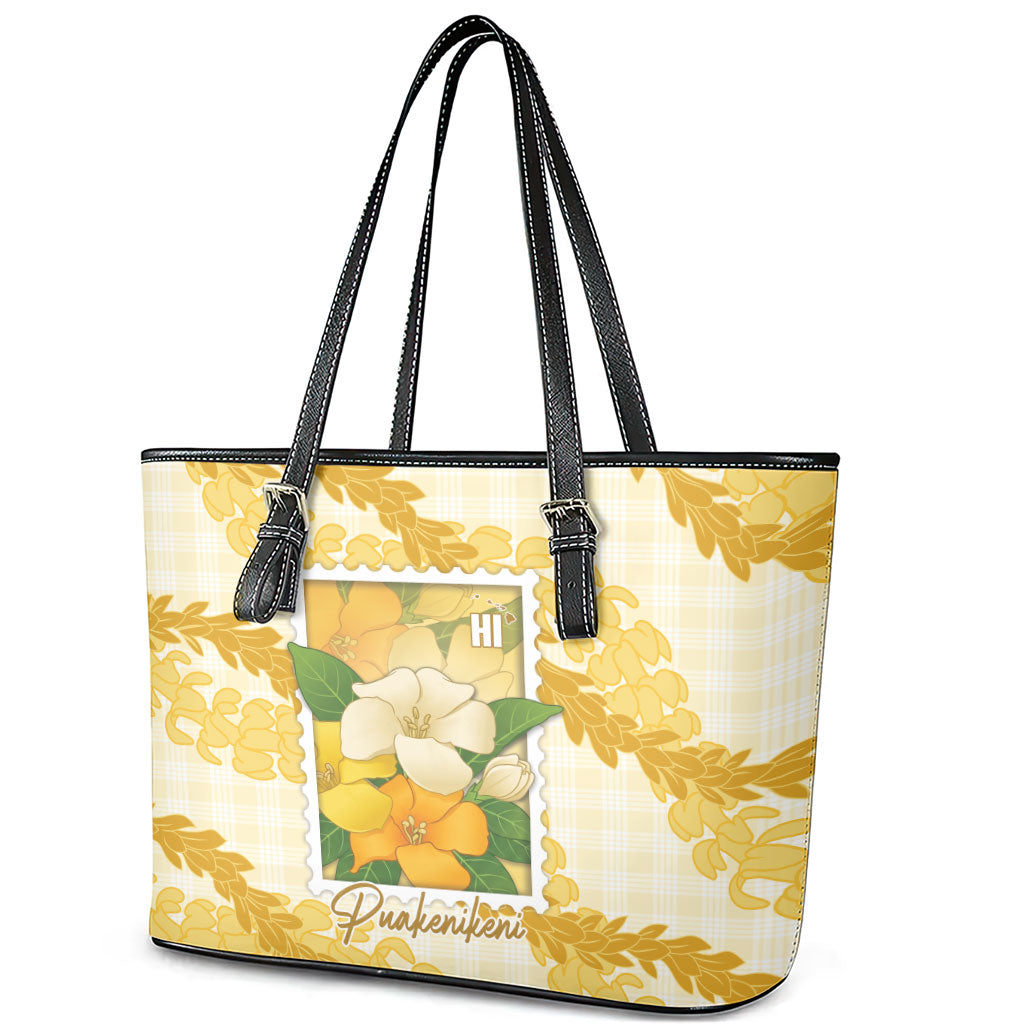 Aloha Hawaii Puakenikeni Leather Tote Bag Hawaiian Lei Palaka Motifs Stylized Stamp
