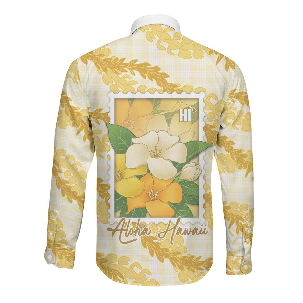 Aloha Hawaii Puakenikeni Long Sleeve Button Shirt Hawaiian Lei Palaka Motifs Stylized Stamp