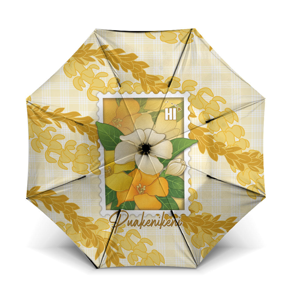 Aloha Hawaii Puakenikeni Umbrella Hawaiian Lei Palaka Motifs Stylized Stamp LT14 One Size Folded 11.42 inch Opened Diameter 37.4 inch Yellow - Polynesian Pride