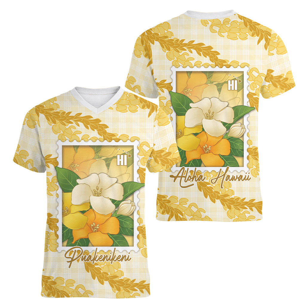 Aloha Hawaii Puakenikeni Women V-Neck T-Shirt Hawaiian Lei Palaka Motifs Stylized Stamp