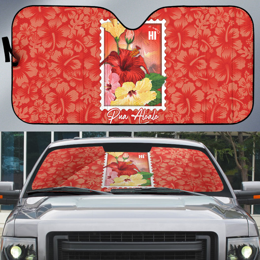 Aloha Hawaii Pua Aloalo Auto Sun Shade Hawaiian Hibiscus Flowers Stylized Stamp LT14 Red - Polynesian Pride