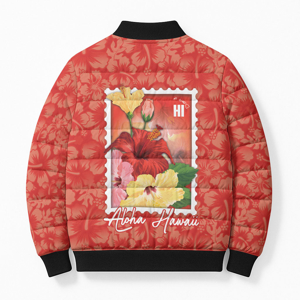 Aloha Hawaii Pua Aloalo Bomber Puffer Jacket Hawaiian Hibiscus Flowers Stylized Stamp LT14 - Polynesian Pride