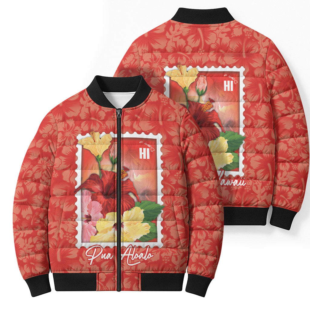 Aloha Hawaii Pua Aloalo Bomber Puffer Jacket Hawaiian Hibiscus Flowers Stylized Stamp LT14 - Polynesian Pride