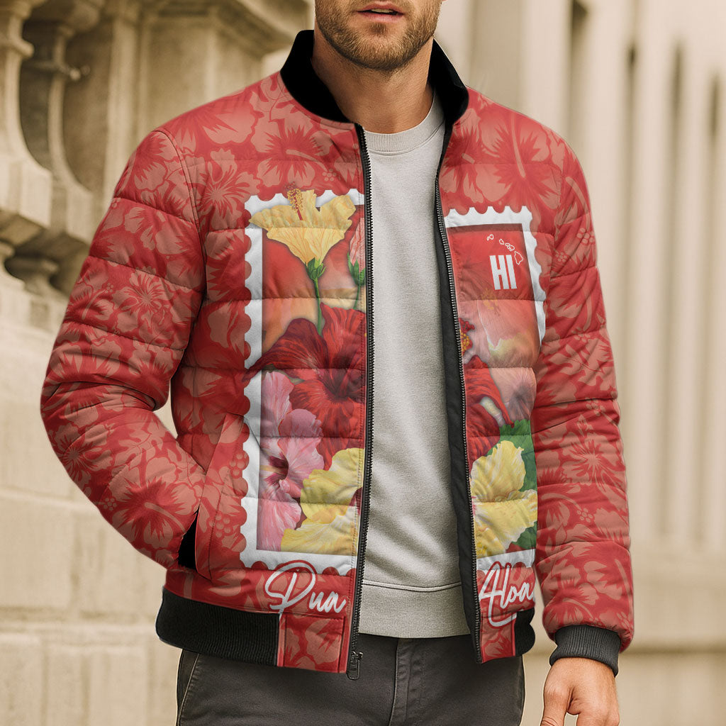 Aloha Hawaii Pua Aloalo Bomber Puffer Jacket Hawaiian Hibiscus Flowers Stylized Stamp LT14 - Polynesian Pride