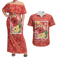 Aloha Hawaii Pua Aloalo Couples Matching Off Shoulder Maxi Dress and Hawaiian Shirt Hawaiian Hibiscus Flowers Stylized Stamp LT14 Red - Polynesian Pride