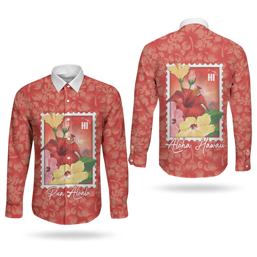 Aloha Hawaii Pua Aloalo Couples Matching Off The Shoulder Long Sleeve Dress and Long Sleeve Button Shirt Hawaiian Hibiscus Flowers Stylized Stamp LT14 - Polynesian Pride