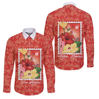Aloha Hawaii Pua Aloalo Family Matching Off The Shoulder Long Sleeve Dress and Hawaiian Shirt Hawaiian Hibiscus Flowers Stylized Stamp LT14 Dad's Shirt - Long Sleeve Red - Polynesian Pride
