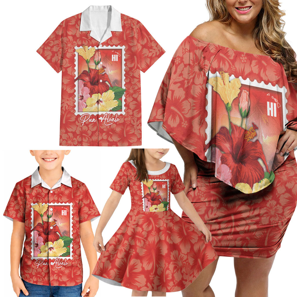 Aloha Hawaii Pua Aloalo Family Matching Off Shoulder Short Dress and Hawaiian Shirt Hawaiian Hibiscus Flowers Stylized Stamp LT14 - Polynesian Pride
