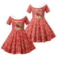 Aloha Hawaii Pua Aloalo Family Matching Off Shoulder Short Dress and Hawaiian Shirt Hawaiian Hibiscus Flowers Stylized Stamp LT14 Daughter's Dress Red - Polynesian Pride