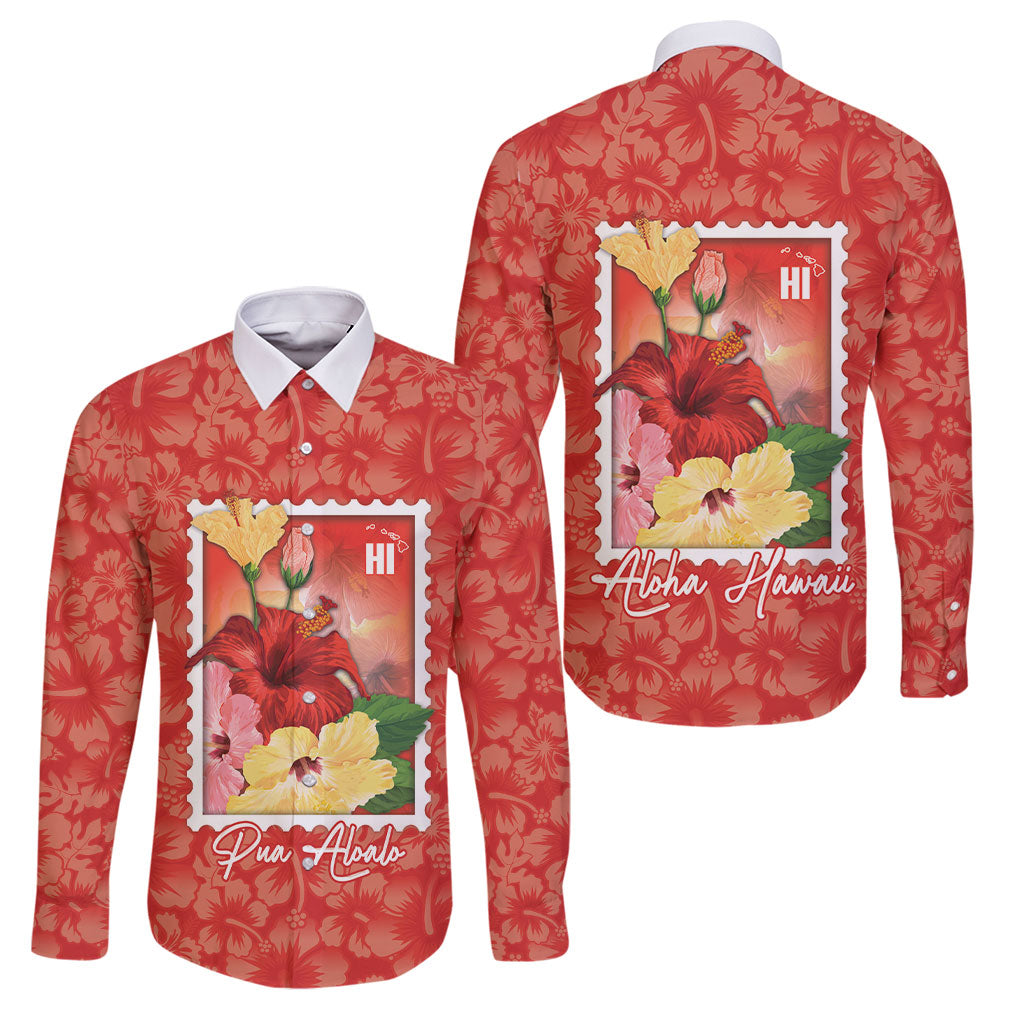 Aloha Hawaii Pua Aloalo Family Matching Summer Maxi Dress and Hawaiian Shirt Hawaiian Hibiscus Flowers Stylized Stamp LT14 Dad's Shirt - Long Sleeve Red - Polynesian Pride