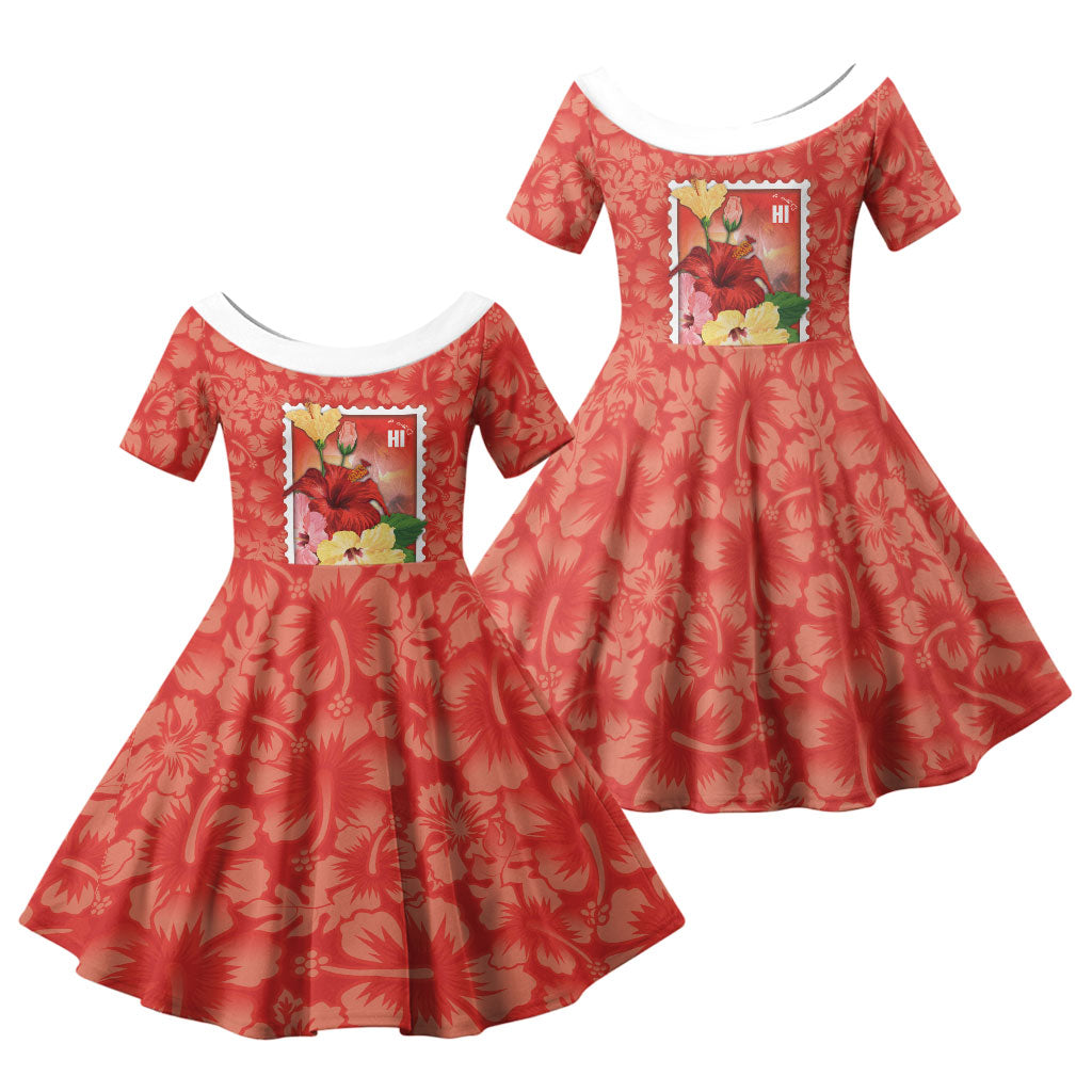 Aloha Hawaii Pua Aloalo Family Matching Summer Maxi Dress and Hawaiian Shirt Hawaiian Hibiscus Flowers Stylized Stamp LT14 Daughter's Dress Red - Polynesian Pride