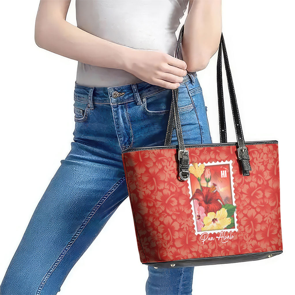 Aloha Hawaii Pua Aloalo Leather Tote Bag Hawaiian Hibiscus Flowers Stylized Stamp