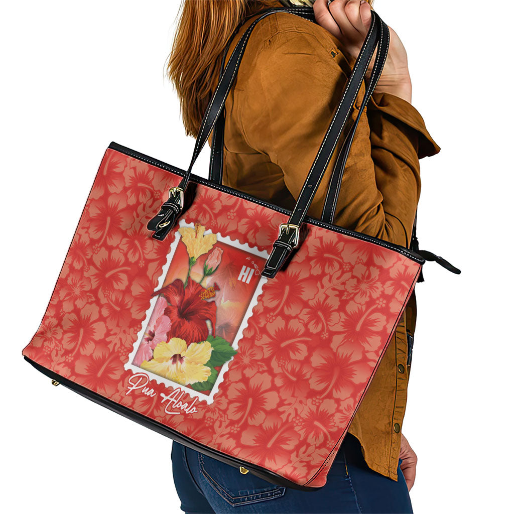 Aloha Hawaii Pua Aloalo Leather Tote Bag Hawaiian Hibiscus Flowers Stylized Stamp