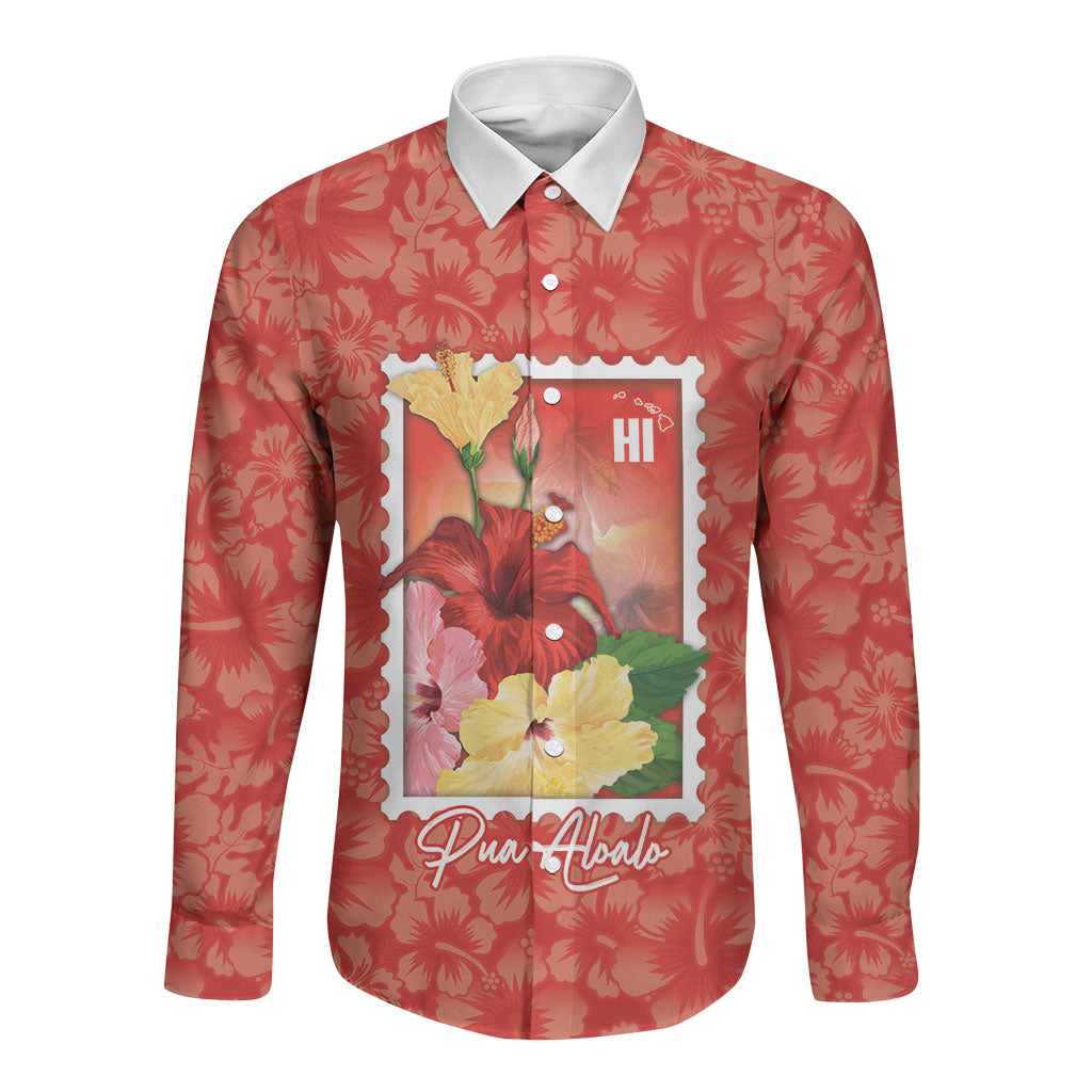 Aloha Hawaii Pua Aloalo Long Sleeve Button Shirt Hawaiian Hibiscus Flowers Stylized Stamp