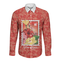 Aloha Hawaii Pua Aloalo Long Sleeve Button Shirt Hawaiian Hibiscus Flowers Stylized Stamp