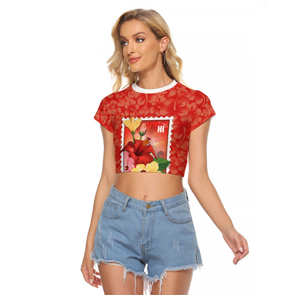 Aloha Hawaii Pua Aloalo Raglan Cropped T Shirt Hawaiian Hibiscus Flowers Stylized Stamp LT14 Female Red - Polynesian Pride