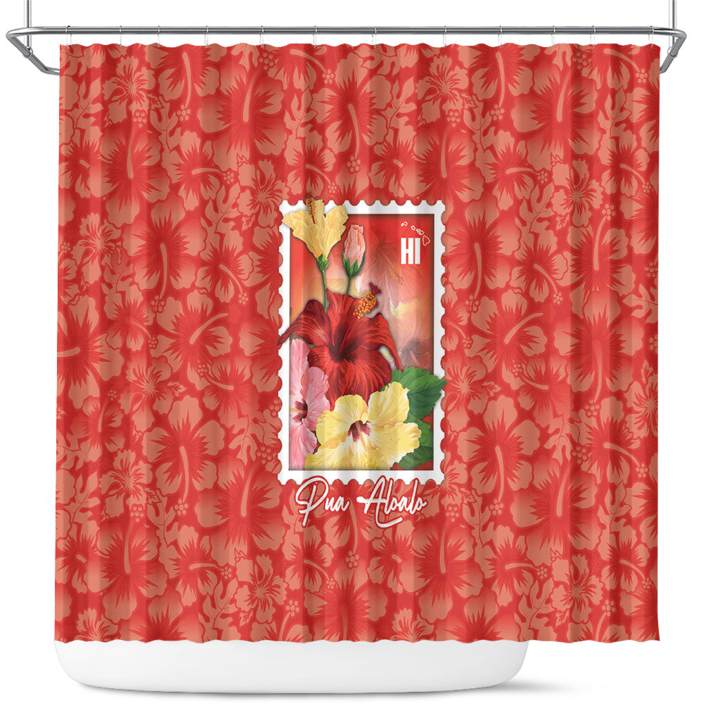 Aloha Hawaii Pua Aloalo Shower Curtain Hawaiian Hibiscus Flowers Stylized Stamp LT14 Red - Polynesian Pride