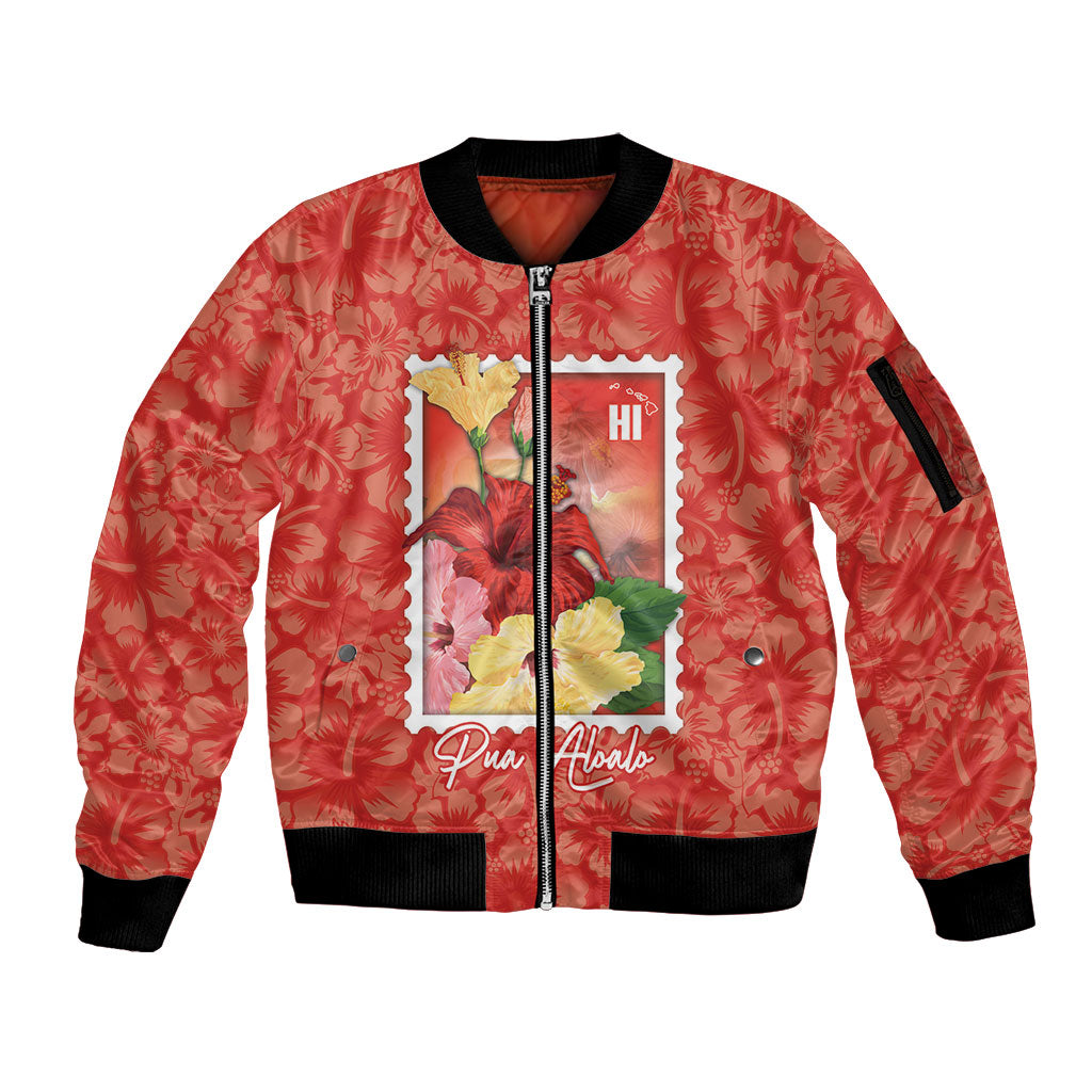 Aloha Hawaii Pua Aloalo Sleeve Zip Bomber Jacket Hawaiian Hibiscus Flowers Stylized Stamp LT14 Unisex Red - Polynesian Pride