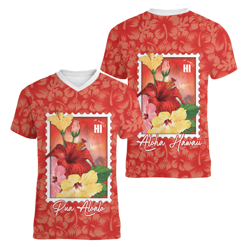 Aloha Hawaii Pua Aloalo Women V-Neck T-Shirt Hawaiian Hibiscus Flowers Stylized Stamp