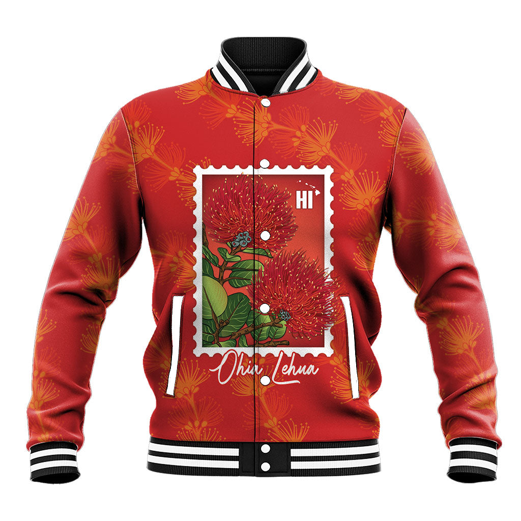 Aloha Hawaii Ohia Lehua Baseball Jacket Hawaiian Lei Stylized Stamp LT14 Unisex Red - Polynesian Pride