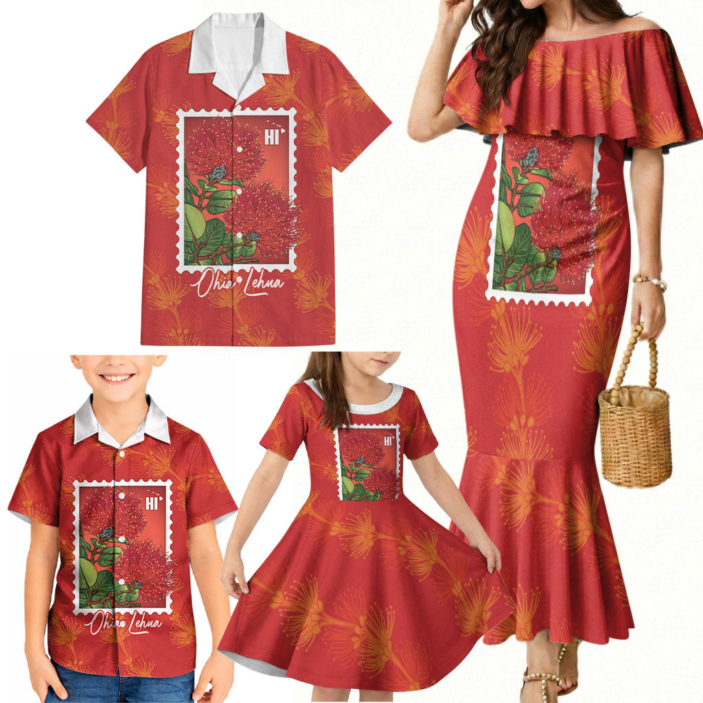 Aloha Hawaii Ohia Lehua Family Matching Mermaid Dress and Hawaiian Shirt Hawaiian Lei Stylized Stamp LT14 - Polynesian Pride