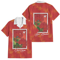 Aloha Hawaii Ohia Lehua Family Matching Off Shoulder Maxi Dress and Hawaiian Shirt Hawaiian Lei Stylized Stamp LT14 Dad's Shirt - Short Sleeve Red - Polynesian Pride