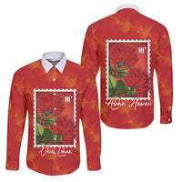 Aloha Hawaii Ohia Lehua Family Matching Off Shoulder Maxi Dress and Hawaiian Shirt Hawaiian Lei Stylized Stamp LT14 Dad's Shirt - Long Sleeve Red - Polynesian Pride