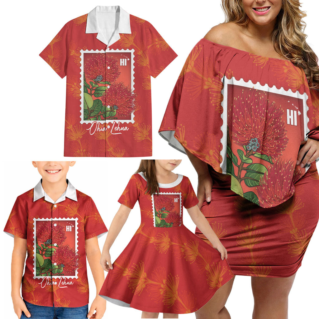 Aloha Hawaii Ohia Lehua Family Matching Off Shoulder Short Dress and Hawaiian Shirt Hawaiian Lei Stylized Stamp LT14 - Polynesian Pride