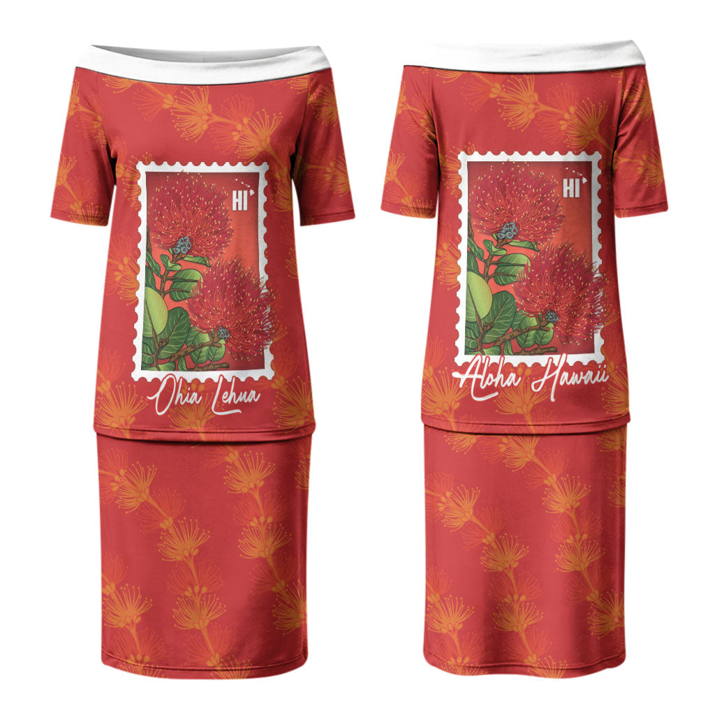 Aloha Hawaii Ohia Lehua Family Matching Puletasi and Hawaiian Shirt Hawaiian Lei Stylized Stamp LT14 Mom's Dress Red - Polynesian Pride
