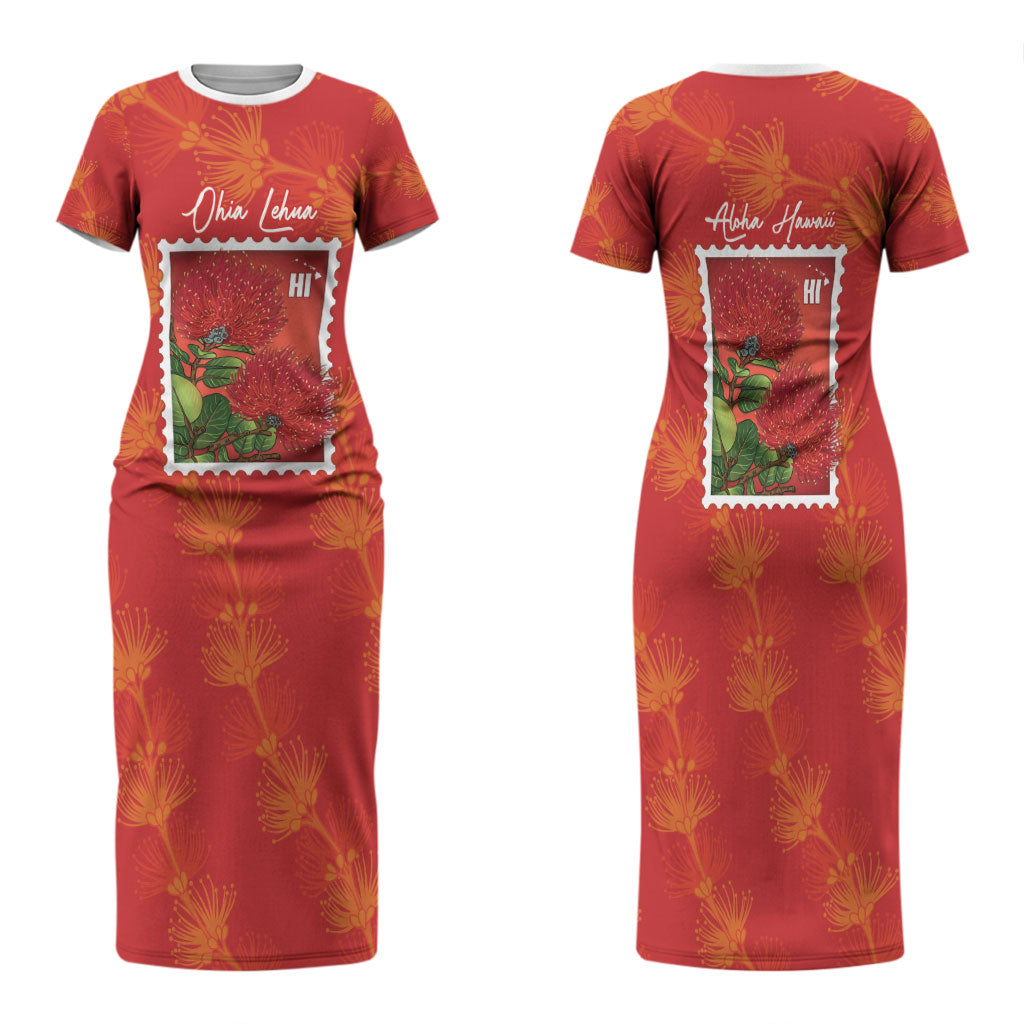 Aloha Hawaii Ohia Lehua Family Matching Short Sleeve Bodycon Dress and Hawaiian Shirt Hawaiian Lei Stylized Stamp LT14 Mom's Dress Red - Polynesian Pride