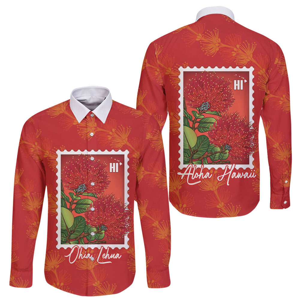 Aloha Hawaii Ohia Lehua Family Matching Short Sleeve Bodycon Dress and Hawaiian Shirt Hawaiian Lei Stylized Stamp LT14 Dad's Shirt - Long Sleeve Red - Polynesian Pride