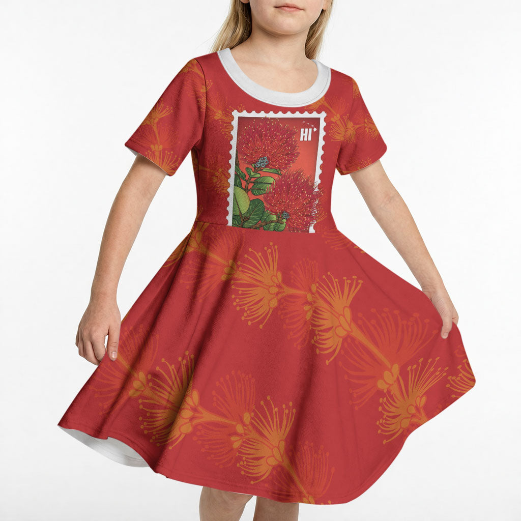 Aloha Hawaii Ohia Lehua Kid Short Sleeve Dress Hawaiian Lei Stylized Stamp