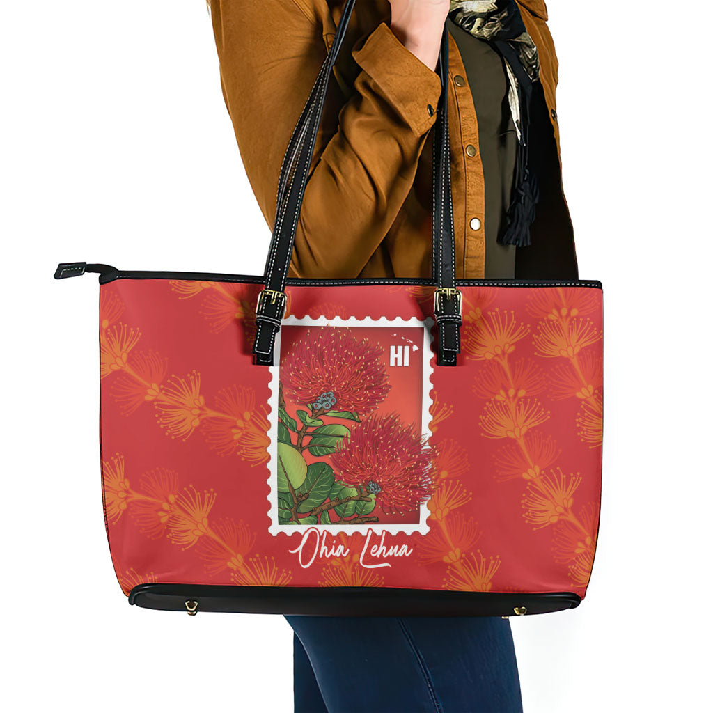 Aloha Hawaii Ohia Lehua Leather Tote Bag Hawaiian Lei Stylized Stamp