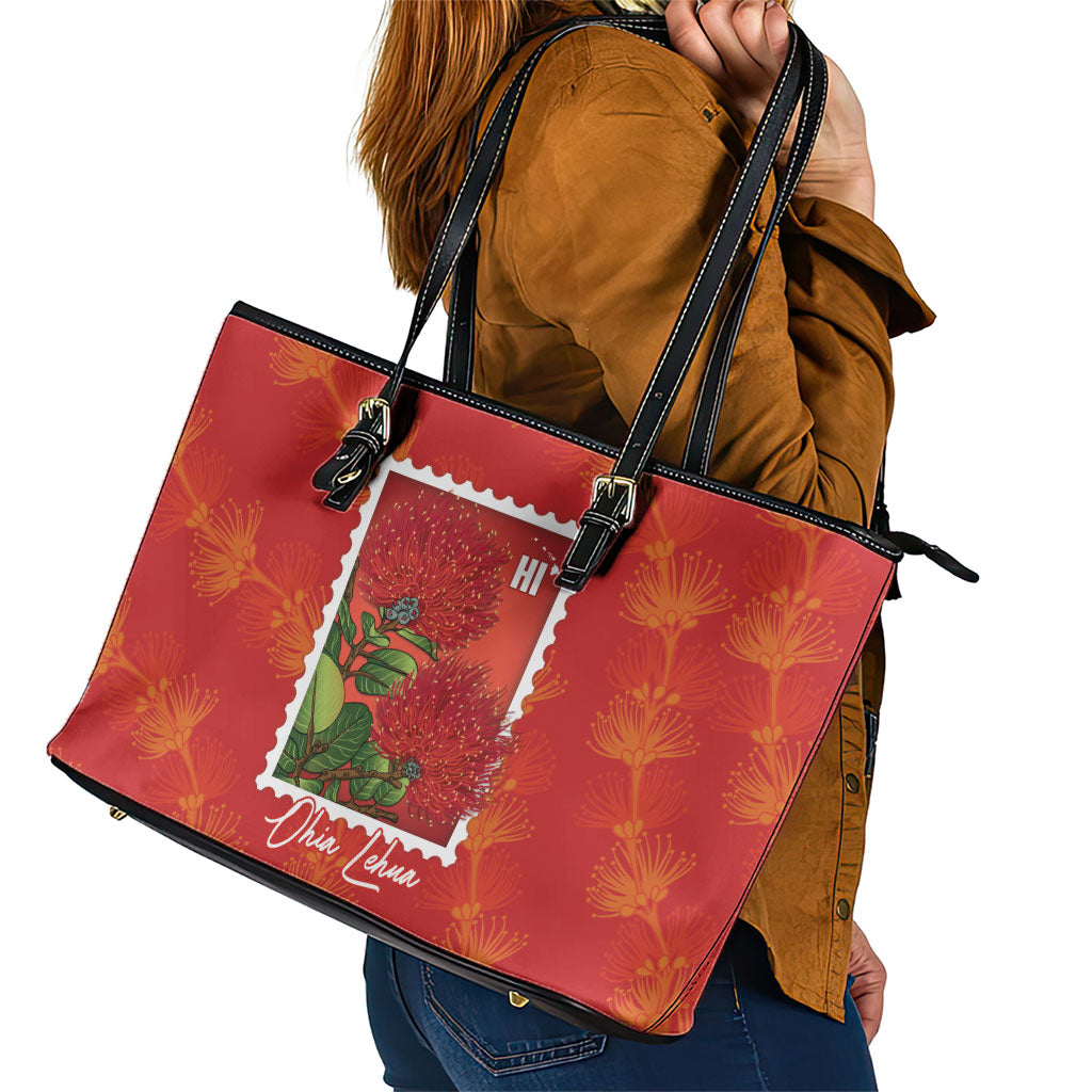 Aloha Hawaii Ohia Lehua Leather Tote Bag Hawaiian Lei Stylized Stamp