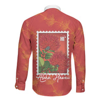Aloha Hawaii Ohia Lehua Long Sleeve Button Shirt Hawaiian Lei Stylized Stamp